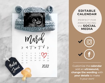 Pregnancy Announcement Digital, Social Media Due Date Calendar, Editable Template