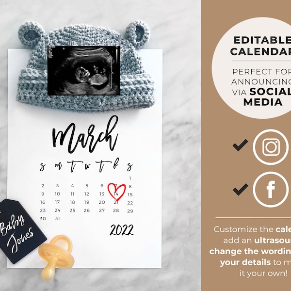 Pregnancy Announcement Digital, Social Media Due Date Calendar, Editable Template