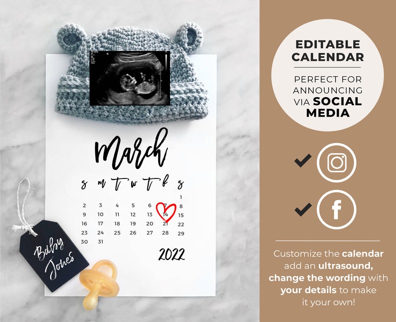 Pregnancy Announcement Digital, Social Media Due Date Calendar, Editable Template 