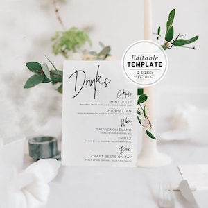 Juliette Wedding Bar Menu Template, Minimalist Bar Menu Sign, Printable Wedding Drink Sign, 8x10&quot; Editable Wedding Sign #004
