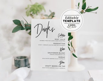 Juliette Wedding Bar Menu Template, Minimalist Bar Menu Sign, Printable Wedding Drink Sign, 8x10" Editable Wedding Sign #004