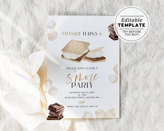 Minimalist S'mores Birthday Party Invite Template, Watercolor S'mores Bonfire Party | EDITABLE TEMPLATE