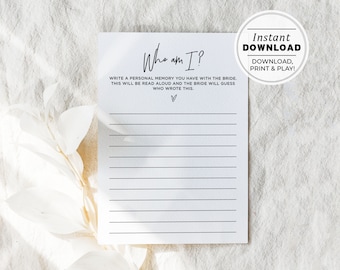 Bridal Shower Game, Who Am I Game, Wedding Shower Game, Hen's Party Game, Bachelorette Party Game, Printable Instant Download #004 Juliette