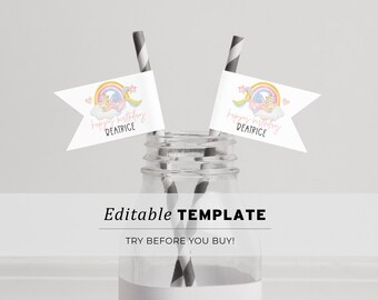 Miss Polly Watercolor Unicorn Printable Straw Topper, Straw Topper Template, Straw Labels, PRINTABLE EDITABLE TEMPLATE #083