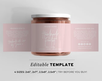 Blush Wrap Around Jar Label Template - 4 Sizes: 2x6" / 2x7"/ 2.5x8" / 2.5x9" | EDITABLE TEMPLATE #051 #043