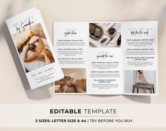 Juliette Minimalist Spa Brochure, Tri-Fold Day spa Price List, Small Business Printable | EDITABLE TEMPLATE #050 #043