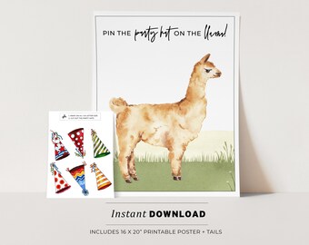 Kids Party Game, Pin the Party Hat on the Llama Printable Poster, Birthday Party Game, INSTANT DOWNLOAD