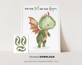 Pin the Tail on the Dragon Kids Party Game Printable Poster, Birthday Party Game, INSTANT DOWNLOAD