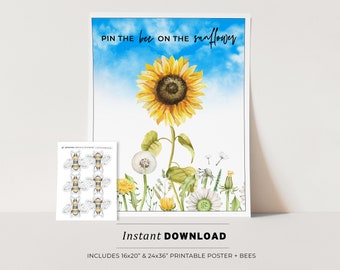 Pin the Bee on the Sunflower Kids Party Game Printable Poster, Birthday Party Game, INSTANT DOWNLOAD