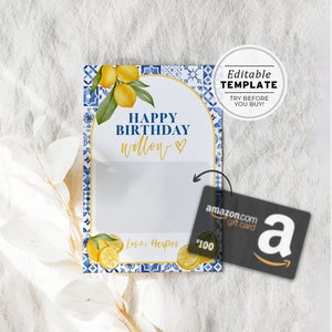 Amalfi Mediterranean Style Gift Card Holder, 4x6 card, Birthday Gift, Birthday Gift Card | EDITABLE TEMPLATE #090