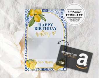 Amalfi Mediterranean Style Gift Card Holder, 4x6 card, Birthday Gift, Birthday Gift Card | EDITABLE TEMPLATE #090