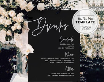 Willow Minimalist Wedding Drinks Menu, Bar Menu Printable Editable Template #028