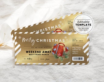 Printable Weekend Away Christmas Gift Voucher Template, Surprise Weekend Away Ticket Gift | EDITABLE TEMPLATE #082 #094