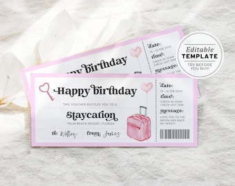 Printable Staycation Birthday Gift Voucher Template, Staycation Gift Voucher, Valentines Day Coupon | EDITABLE TEMPLATE #082