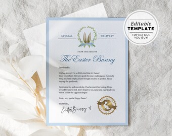 Printable Easter Bunny Letter, Easter Bunny Certificate of Egg-cellence, From the desk of the Easter Bunny | EDITABLE TEMPLATE #099