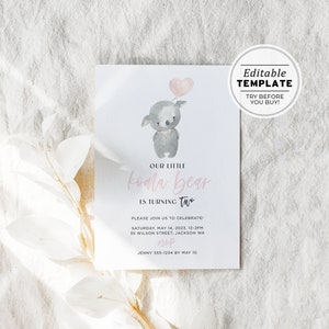 Minimalist Miss Koala Birthday Party Invite Template | EDITABLE TEMPLATE