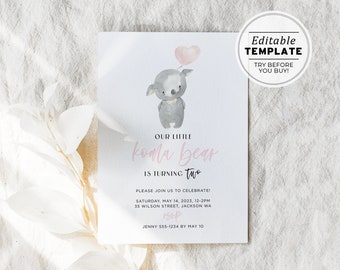Minimalist Miss Koala Birthday Party Invite Template | EDITABLE TEMPLATE