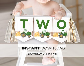 Printable Green Tractor 2nd Birthday Banner, TWO High Chair Birthday Sign, Happy Birthday Bunting | INSTANT DOWNLOAD #058