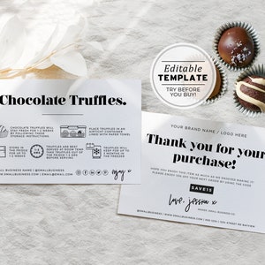 Minimalist Chocolate Truffles Care Card and Thank You Card, Thank You Package Insert | EDITABLE TEMPLATE #055 #043 Mr White