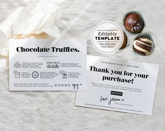 Minimalist Chocolate Truffles Care Card and Thank You Card, Thank You Package Insert | EDITABLE TEMPLATE #055 #043 Mr White