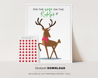 Pin the Nose on Rudolph Christmas Game Printable Poster, Holiday Party Game, INSTANT DOWNLOAD