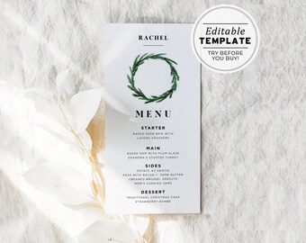 Wreath Minimalist Christmas Dinner Menu with Guest Names | EDITABLE TEMPLATE #021