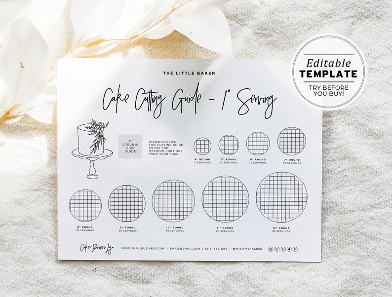 May include: Printable cake cutting guide template for 1-inch servings. The guide shows how to cut round cakes from 6 inches to 12 inches in diameter. The template is editable and includes the text "The Little Baker" and "Cake Cutting Guide - 1" Serving".
