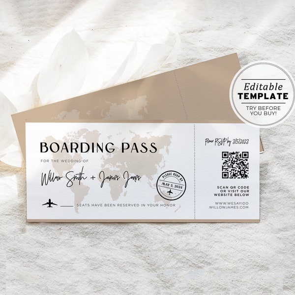 Amelia Boarding Pass Wedding Invitation Template, Travel Themed Wedding Invitation, Adventure Wedding Invite, Boarding Pass