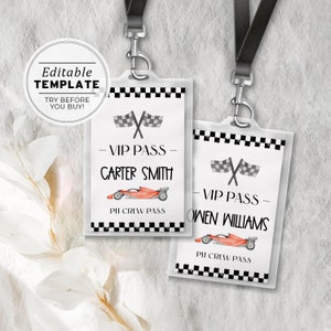 Rode raceauto VIP Crew Pit Badge, Crew Pit Pass, Party Name Tags, Racing Car Party, Printable | BEWERKBARE SJABLOON #098
