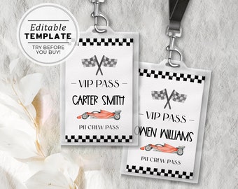 Red Race Car VIP Crew Pit Badge, Crew Pit Pass, Party Name Tags, Racing Car Party, Printable | EDITABLE TEMPLATE #098