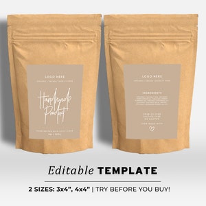 May include: Editable template for a product label with the text "Handmade Product" and "LOGO HERE" on a brown paper bag. The label includes the text "ORGANIC | VEGAN | CRUELTY FREE" and "HANDCRAFTED WITH LOVE & CARE". The label also includes a heart symbol and the text "INGREDIENTS" and "CRUELTY FREE | SULFATE FREE | NO NASTIES | 100% MADE WITH LOVE".