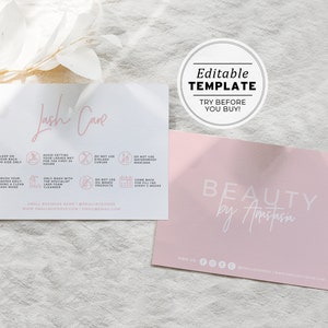 Blush Minimalist Lash Extension Care Card, Editable AfterCare Card, Lash Instructions | PRINTABLE EDITABLE TEMPLATE #051 #043
