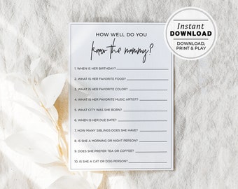 Juliette How Well Do You Know the Mommy Baby Shower Game, Who Knows Mommy Best Game, Printable | INSTANT DOWNLOAD #004