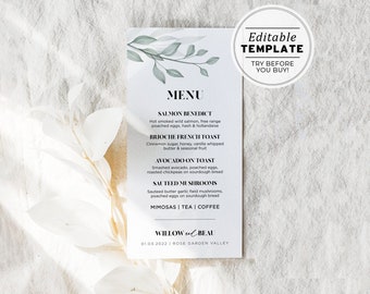 Chelsea Leafy Minimalist Menu Template, Printable | EDITABLE TEMPLATE #068