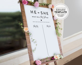 He or She What Will Baby Be Sign, Baby Shower Games, Guess the Gender Baby Shower Game, Printable Editable Template #004 Juliette