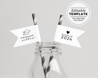 Ellery Minimalist Graduation Party Straw Flag | EDITABLE TEMPLATE #041