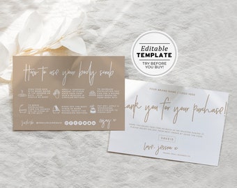 Nue Minimalist Body Scrub Instructions Card, Body Polish Editable AfterCare Card | PRINTABLE EDITABLE TEMPLATE #052 #043