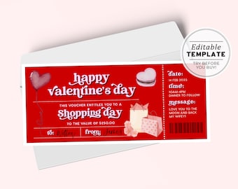 Printable Valentine's Day Gift Ticket Template, Shopping Day Gift Voucher, Valentines Day Coupon | EDITABLE TEMPLATE #082