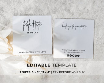 Editable Bracelet Display Card Template, 2 Sizes - 3x3" / 3x4" #050 #043 Juliette Minimalist