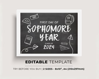 First day of Sophomore Year Back to School Chalkboard Sign Editable Template, Photo Prop | EDITABLE TEMPLATE
