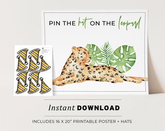 Pin the Hat on the Leopard Kids Party Game Printable Poster, Birthday Party Game, INSTANT DOWNLOAD