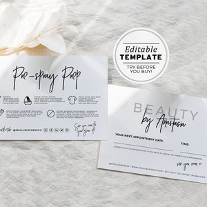Juliette Minimalist Spray Tan Preparation and Appointment Card, Editable AfterCare Card | EDITABLE TEMPLATE #050 #043