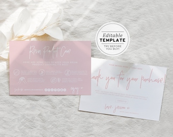 Editable Resin Product Care Card Template, Thank You Package Insert | PRINTABLE EDITABLE TEMPLATE #051 #043 Blush Minimalist