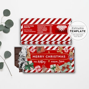 クリスマス チョコレート ラッピング テンプレート、クリスマス チョコレート ギフト、ハーシーズ 1.55 オンス バー & アルディ チョコレート | 編集可能なテンプレート、印刷可能