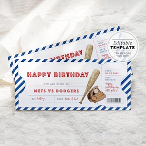 May include: Two baseball-themed birthday gift tickets with a white background and blue and red accents. The tickets read "Happy Birthday" and "Mets vs Dodgers." One ticket has a baseball bat and glove illustration. The text "Editable Template" is also visible.