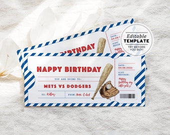 Printable Baseball Game Ticket Birthday Gift Template, Party Invitation, Surprise Gift Certificate | EDITABLE TEMPLATE #016 #082