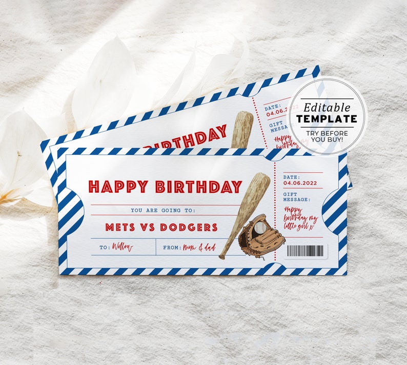 Printable Baseball Game Ticket Birthday Gift Template, Party Invitation ...