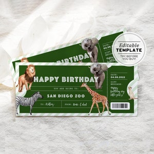 Plantilla de regalo de cumpleaños con boleto de zoológico imprimible, certificado de regalo sorpresa / PLANTILLA EDITABLE N.° 082