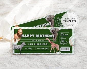 Printable Zoo Ticket Birthday Gift Template, Surprise Gift Certificate | EDITABLE TEMPLATE #082