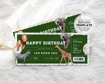 Printable Zoo Ticket Birthday Gift Template, Surprise Gift Certificate | EDITABLE TEMPLATE #082